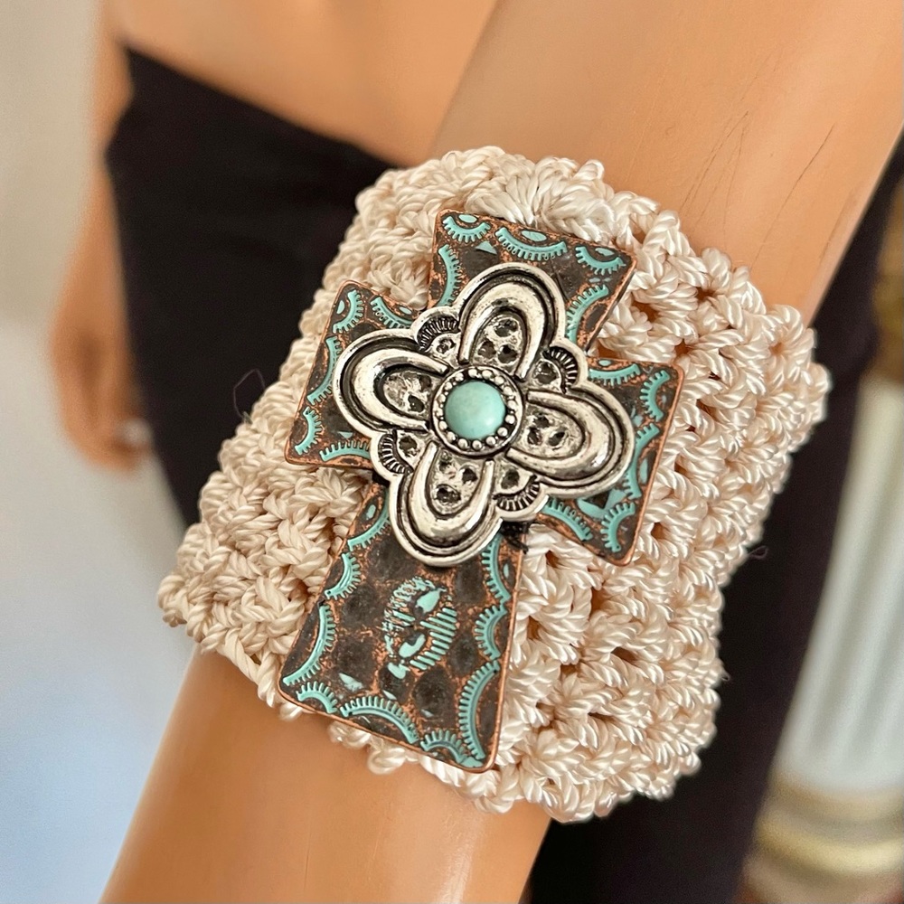Hand Knits 2 Love Crochet Bracelet Cross South Western Turquoise Look Designe